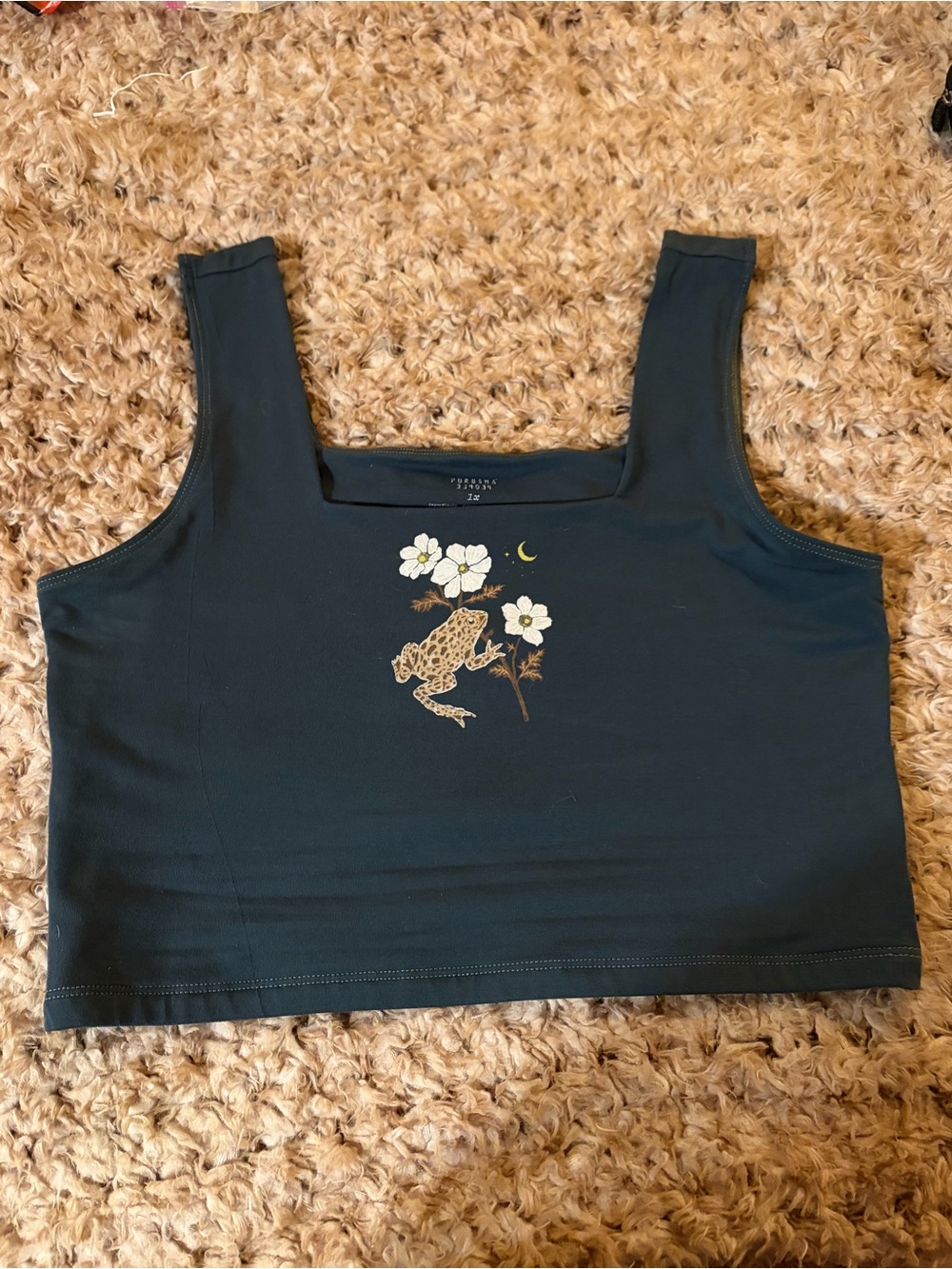 Purusha People Square-Neck Black Cropped Tank with Frog & Floral Motif